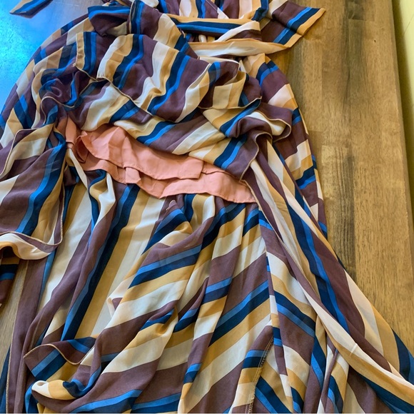 Olivaceous V-Neck Maxi Dress Large Striped Blue Brown Tie Waist Long outer Panel - Picture 7 of 13